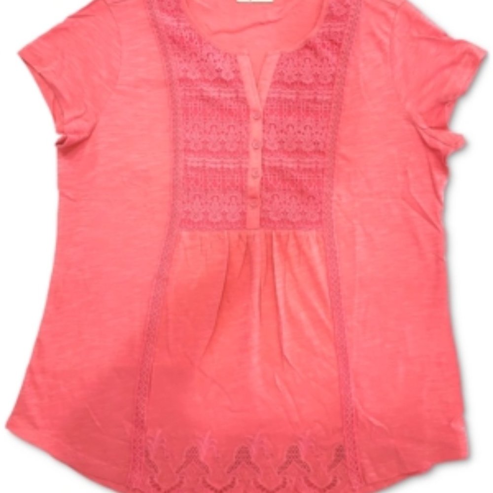 Style&Co Coral Pink Cap Sleeve Knitted Notch Neck Women’s Small T-Shirt NWT